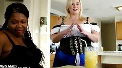 White fat ass maid serves her big tits black lesbian girlfriend